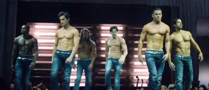 Stephen Boss, Matt Bomer, Kevin Nash, Joe Manganiello, Channing Tatum and Adam Rodriguez perform a strip number in denim jeans