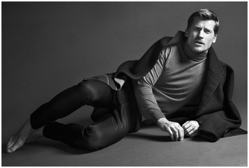 Nikolaj Coster-Waldau wears coat Louis Vuitton, sweater Ermenegildo Zegna and trousers Burberry.