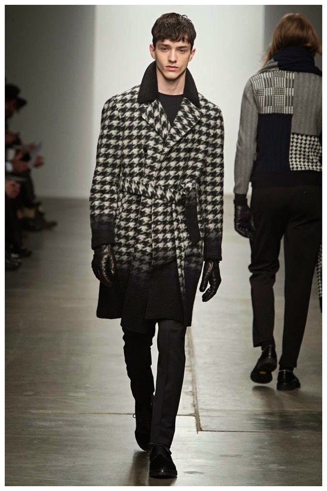 Ovadia & Sons sent houndstooth down the runway making a timeless appeal with black and white, remixed for the modern man with a gradient print. Ovadia & Sons Fall/Winter 2015 Menswear Collection.