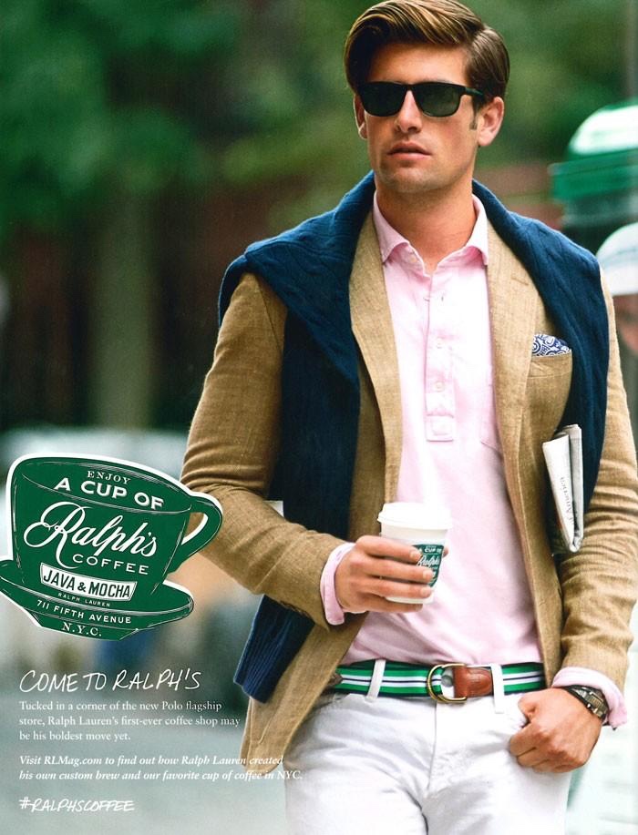 Out for a stroll, Justin Hopwood is a preppy Polo Ralph Lauren vision, mixing colors and textiles with a long sleeve pink polo shirt and colorful green, white and navy striped belt.