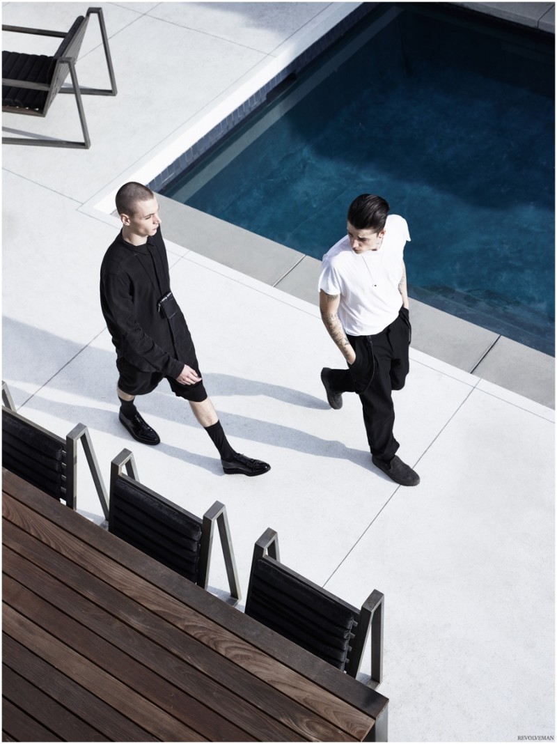 Yuri Pleskun wears black Chapter outfit with shoes from Robert Geller x Common Projects. Ash Stymest wears white and black Chapter look with Robert Geller x Common Projects shoes.