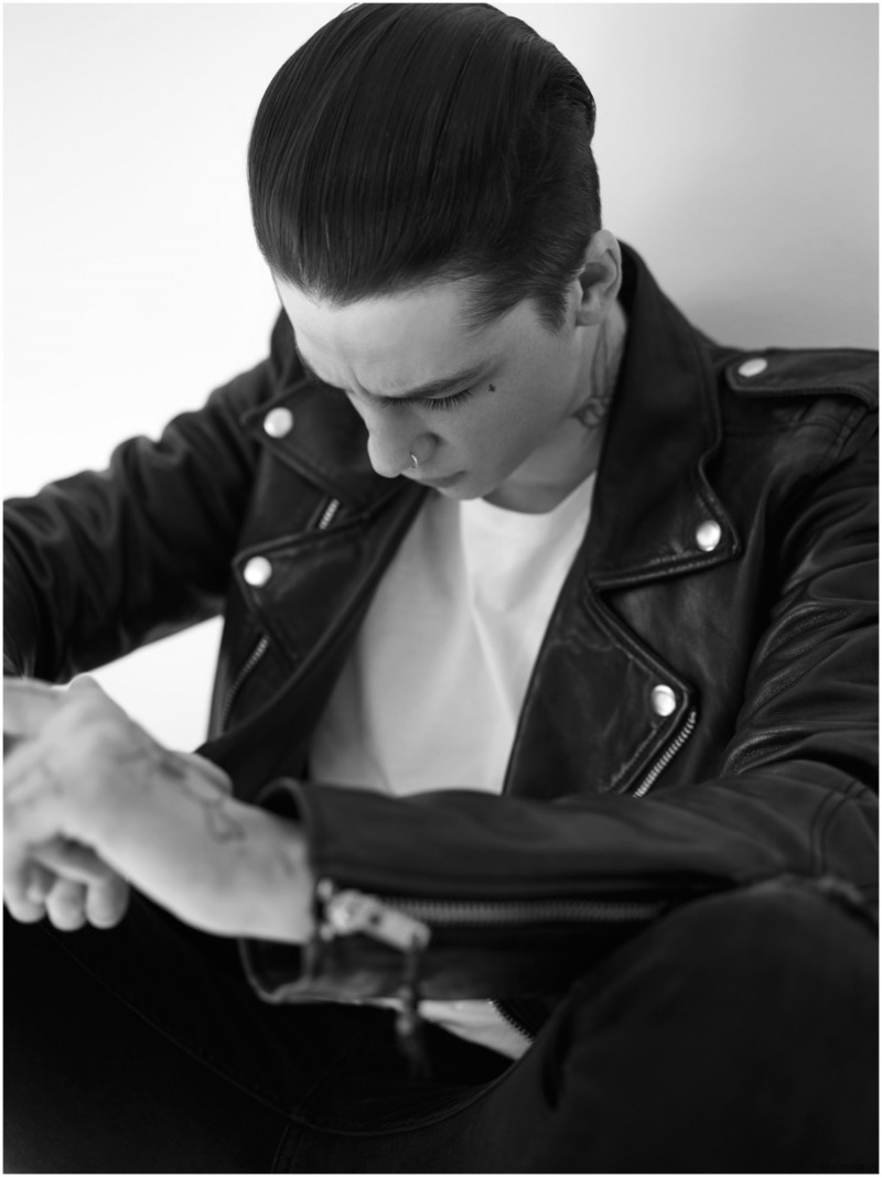 Ash Stymest is cool in leather biker jacket, white top and skinny black jeans from BLK DNM.