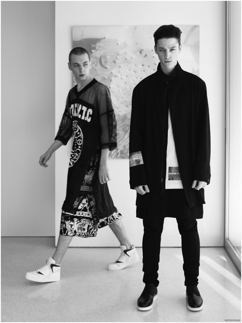 Yuri Pleskun gets sporty in KTZ clothes with Article No. sneakers. Ash Stymest wears a 424 ensemble with Public School creepers. 