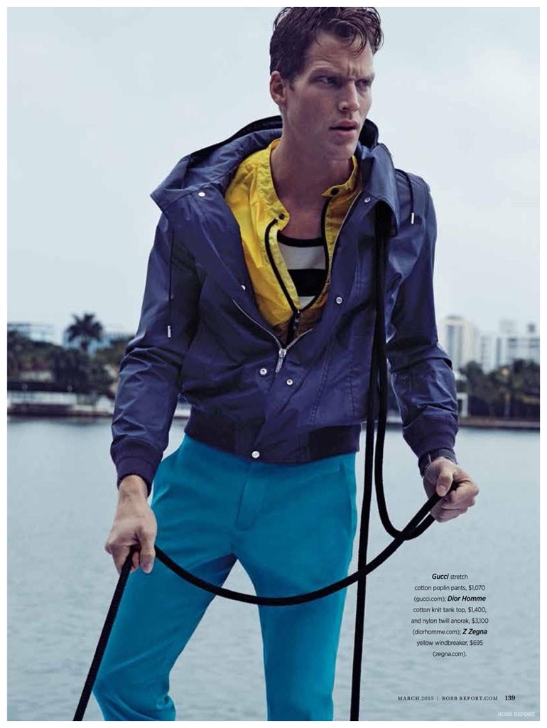 Blue and yellow come together with a classic color combination. Geoffroy Jonckheere wears yellow windbreaker Z Zegna and blue anorak Dior Homme.