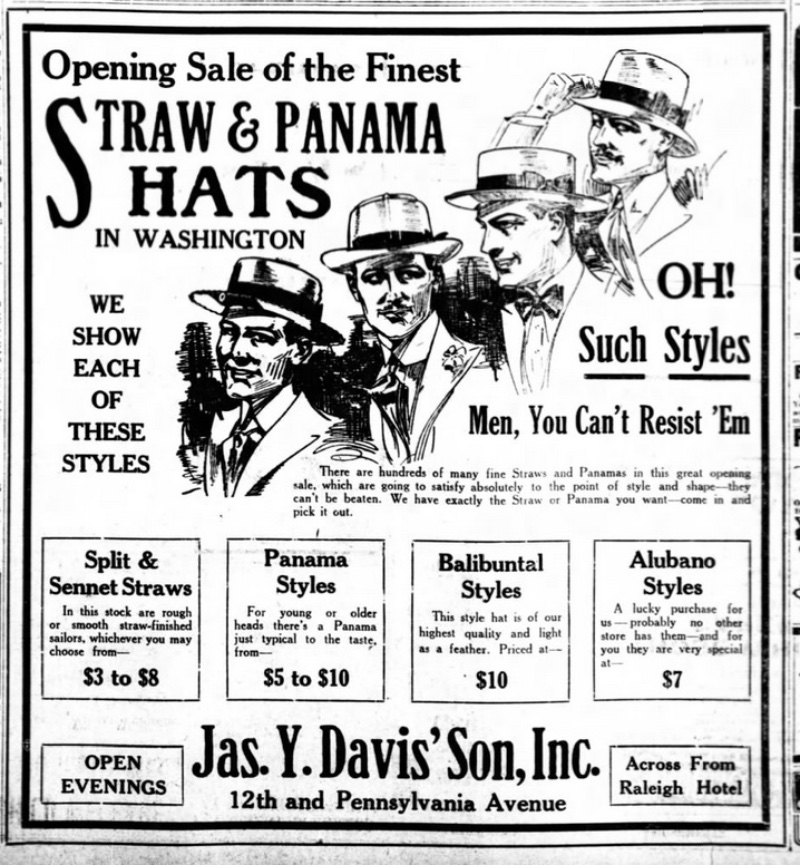 Advertisement for straw Panama hats. » 1920s Men's Hats: From the Smart Fedora to the Stylish Bowler Advertisement for straw Panama hats.