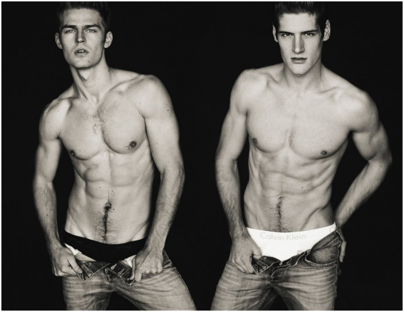Left Taylor wears jeans G-Star Raw and underwear 2(x)ist. Right Ryan wears jeans G-Star Raw and underwear Calvin Klein.