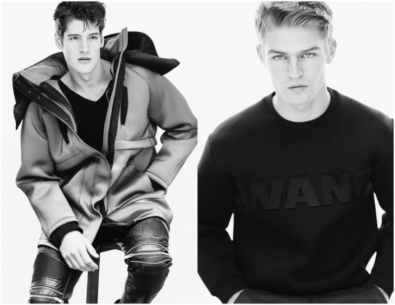 Left Ryan wears coat Alexander Wang for H&M, pants and jersey Zara. Right Taylor wears scuba sweatshirt Alexander Wang for H&M.