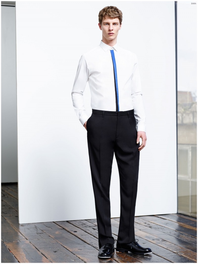 Two-tone poplin shirt / High waist trimmed trousers