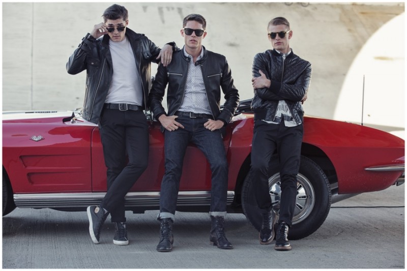 Dressed in leather jackets and slim-cut jeans, Isaac Weber, Cesar Casier and Noah Teicher are modern-day greasers.