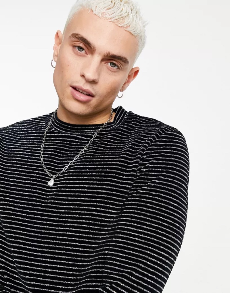 ASOS Design Skinny Long Sleeve T-shirt Black Silver Stripe