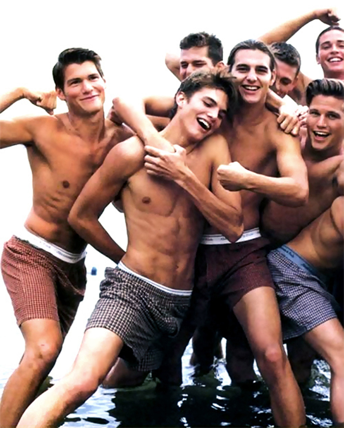 Then, a model and aspiring actor, Ashton Kutcher is front and center in a shirtless gang of guys having fun in Abercrombie & Fitch's underwear. (1998)