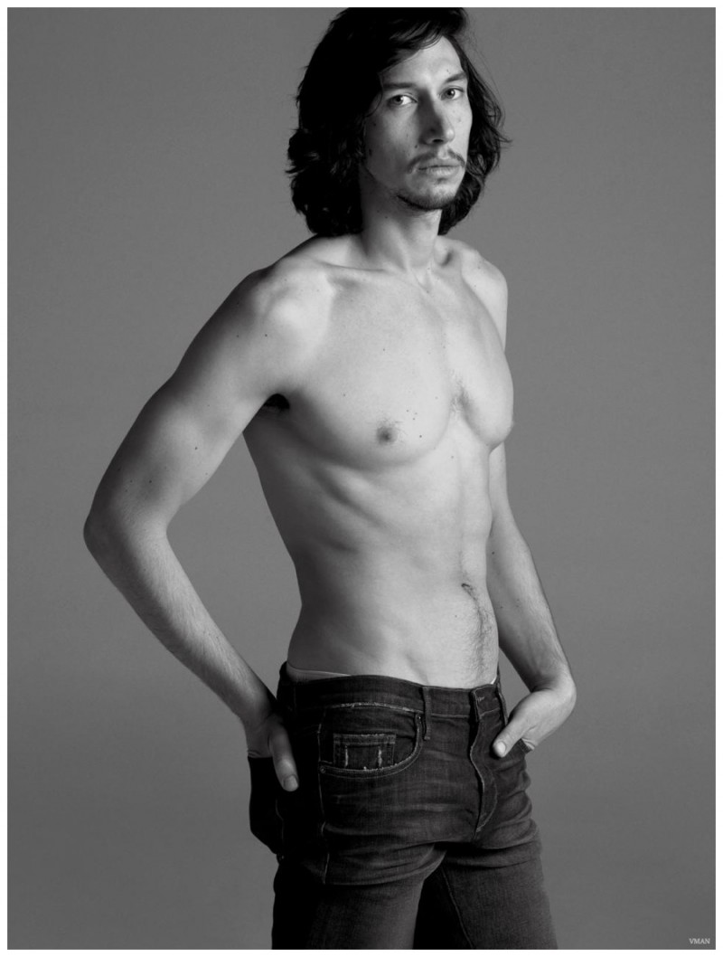Adam Driver goes shirtless for a photo in a pair of denim jeans.