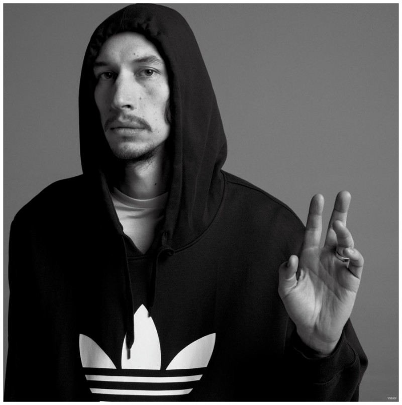 Adam Driver wears an Adidas hoodie.