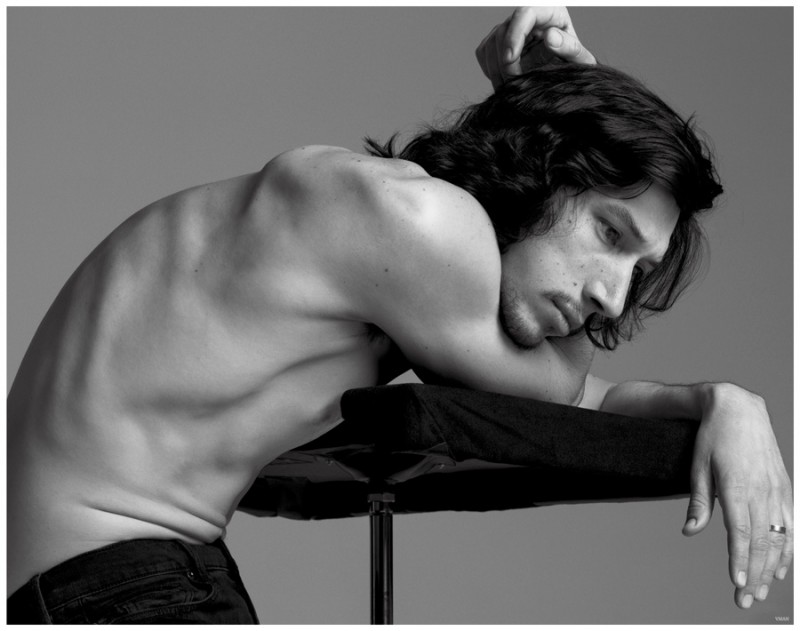 Adam Driver distorts his body for a striking black & white image.