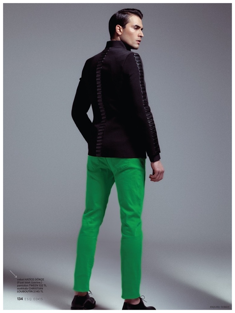 Feeling Green: Bright colored pants are the perfect companion for a black jacket.