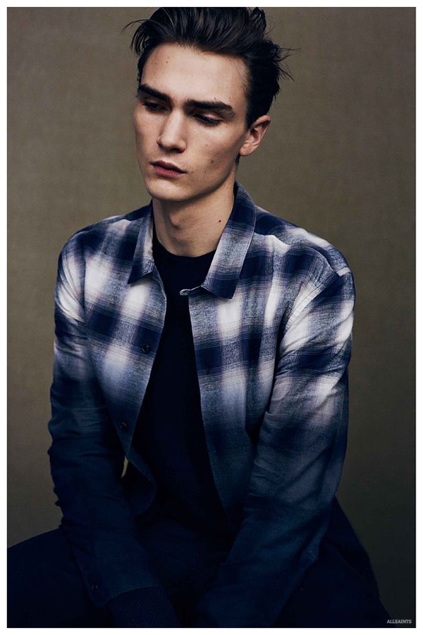 British model Gryphon O'Shea models a gradient plaid print shirt from AllSaints.