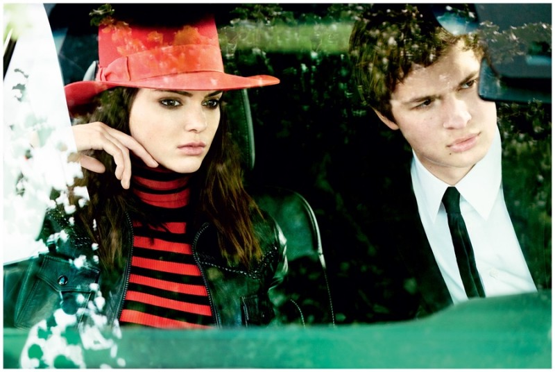 Pictured inside a car with Kendall Jenner, Ansel Elgort wears a Burberry London jacket with a Dior Homme shirt and tie.