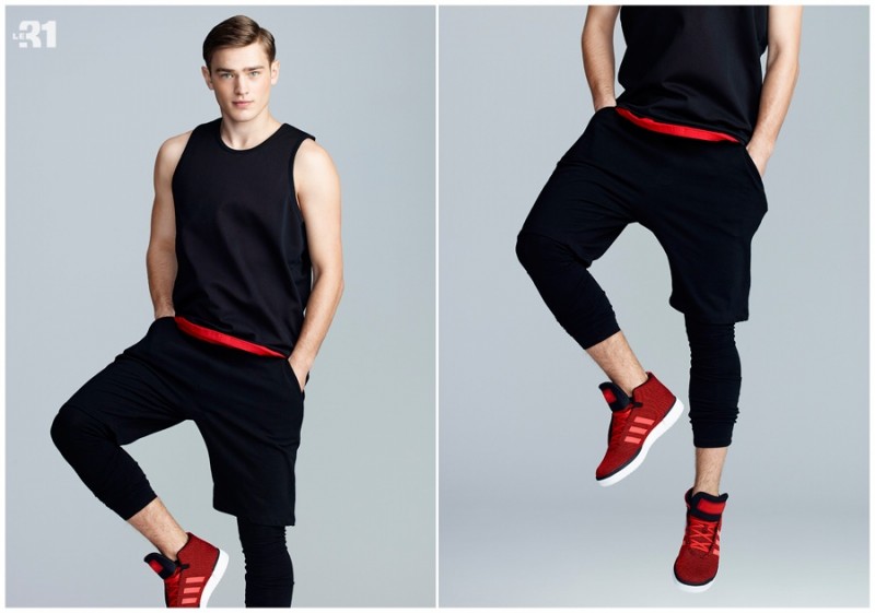 Sports Lab: Bo Develius hits the studio in contemporary, sporty styles, dressed in red and black.