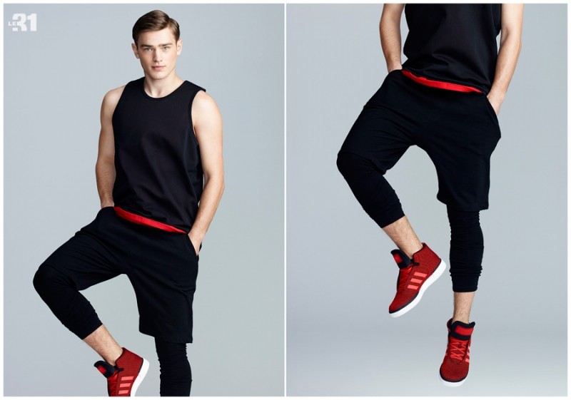 Sports Lab: Bo Develius hits the studio in contemporary, sporty styles, dressed in red and black. » Simons Gets Sporty + Sleek Sports Lab: Bo Develius hits the studio in contemporary, sporty styles, dressed in red and black.