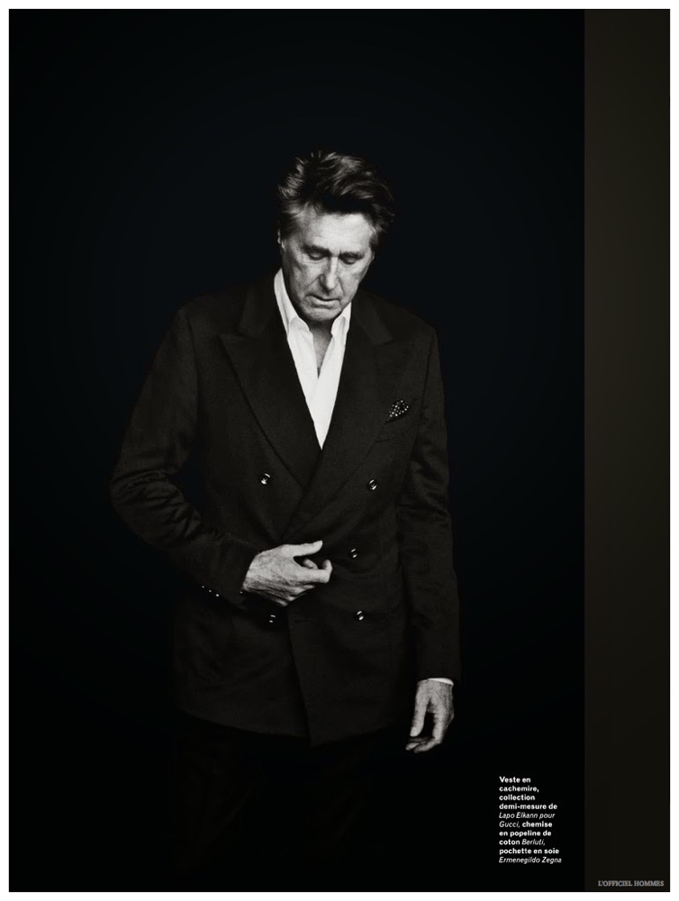 Bryan Ferry sports a double-breasted Ermenegildo Zegna suit.