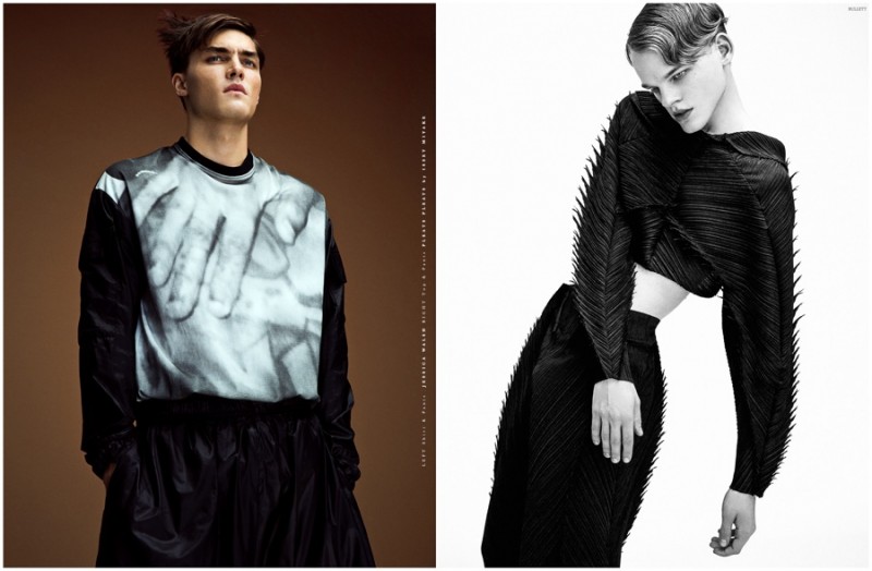 Left: Isaac Weber wears Jessica Walsh. Right: Reid Rohling wears Pleats Please by Issey Miyake.