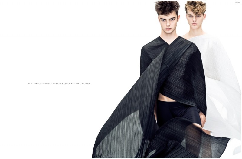 Mike Winchester and Reid Rohling wear Pleats Please by Issey Miyake.