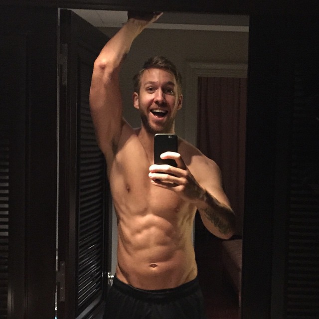 Calvin Harris poses for a shirtless selfie.