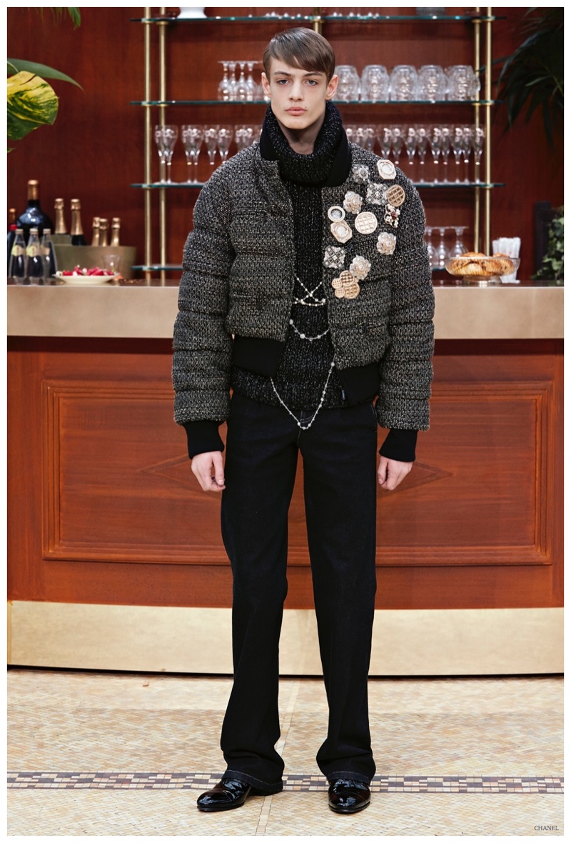 Karl Lagerfeld reinterprets the quilted bomber jacket with a chic knit overhaul.
