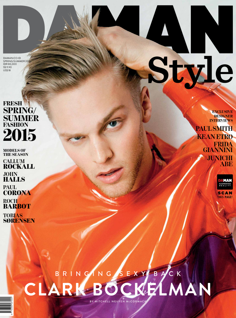 Calvin Klein muse Clark Bockelman covers the spring-summer 2015 issue of Da Man Style. Photographed by Mitchell Nguyen McCormack and styled by Alexa Rangroummith Green, Clark sports a futuristic PVC top from Calvin Klein Collection's spring 2015 menswear collection.