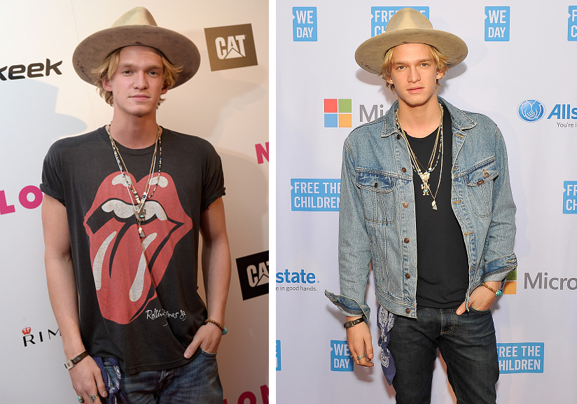 Cody Simpson Rocks Trademark Hat with Denim Jacket & Rolling Stones T-Shirt