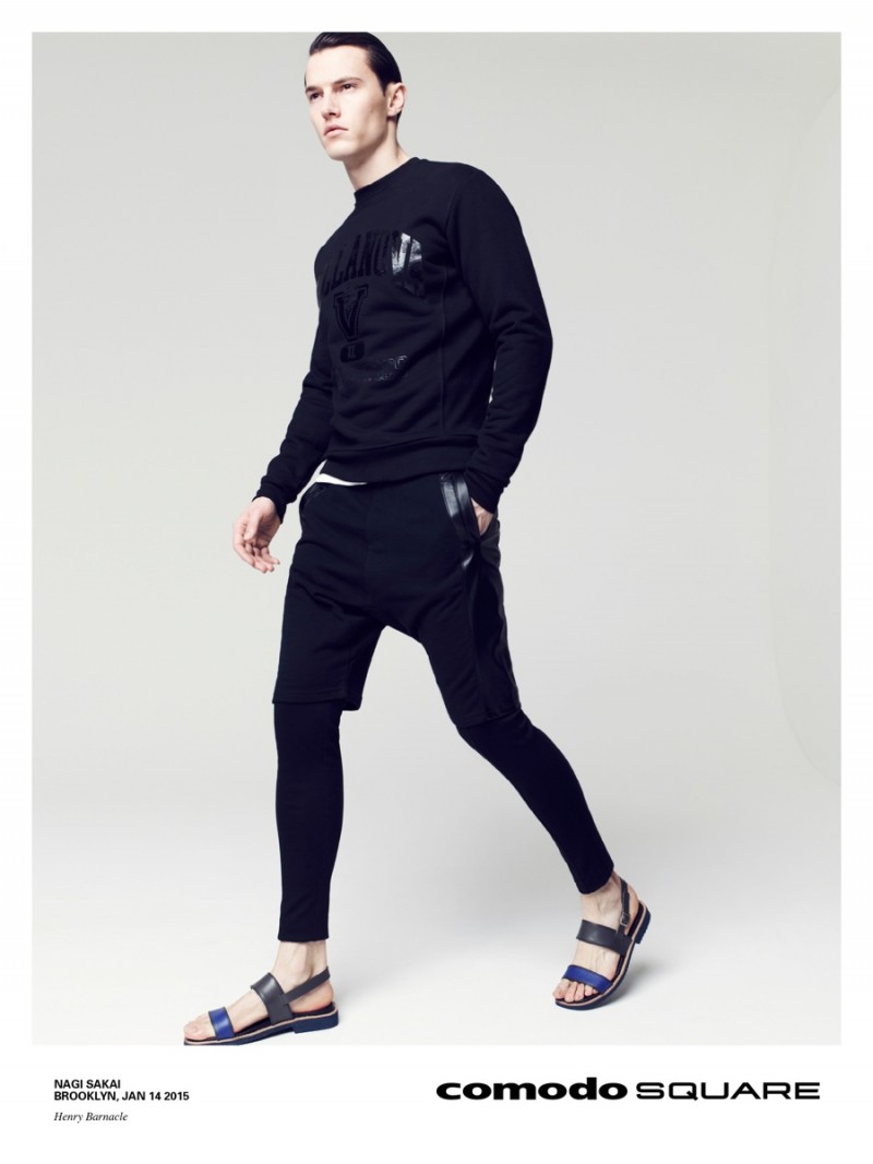 Henry Barnacle goes sporty in a black athletic-inspired ensemble.