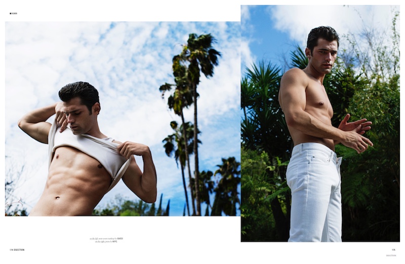 Sean O'Pry takes in California while wearing white A.P.C. jeans.