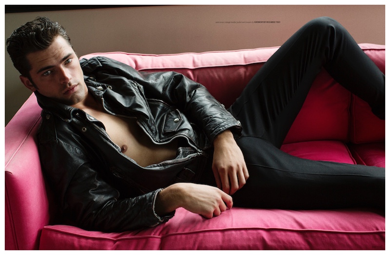 Effortlessly cool, Sean O'Pry models a leather jacket from Givenchy.