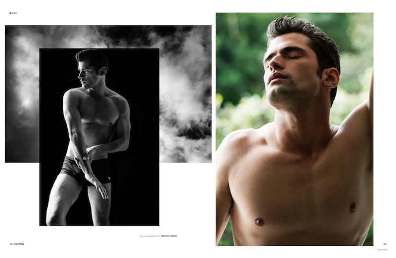 A shirtless Sean O'Pry poses in Emporio Armani swimwear.