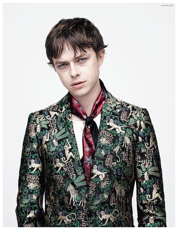 Dane DeHaan wears a jungle print covered suit.