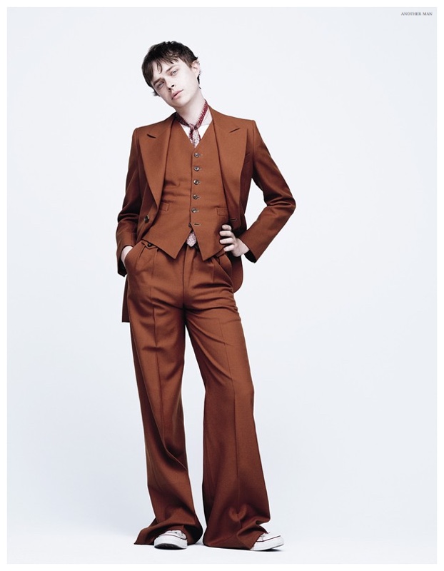 Dane DeHaan channels the 1970s in flared trousers.