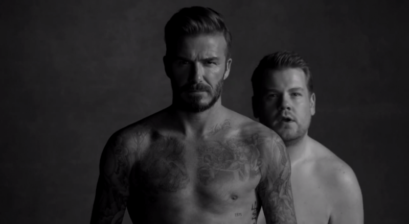 David Beckham and James Corden film a mock underwear commercial.