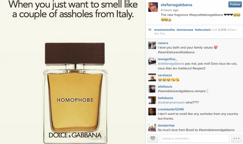 Stefano Gabbana makes light of the situation, poking fun at someone's manipulation of one of their fragrance bottles.