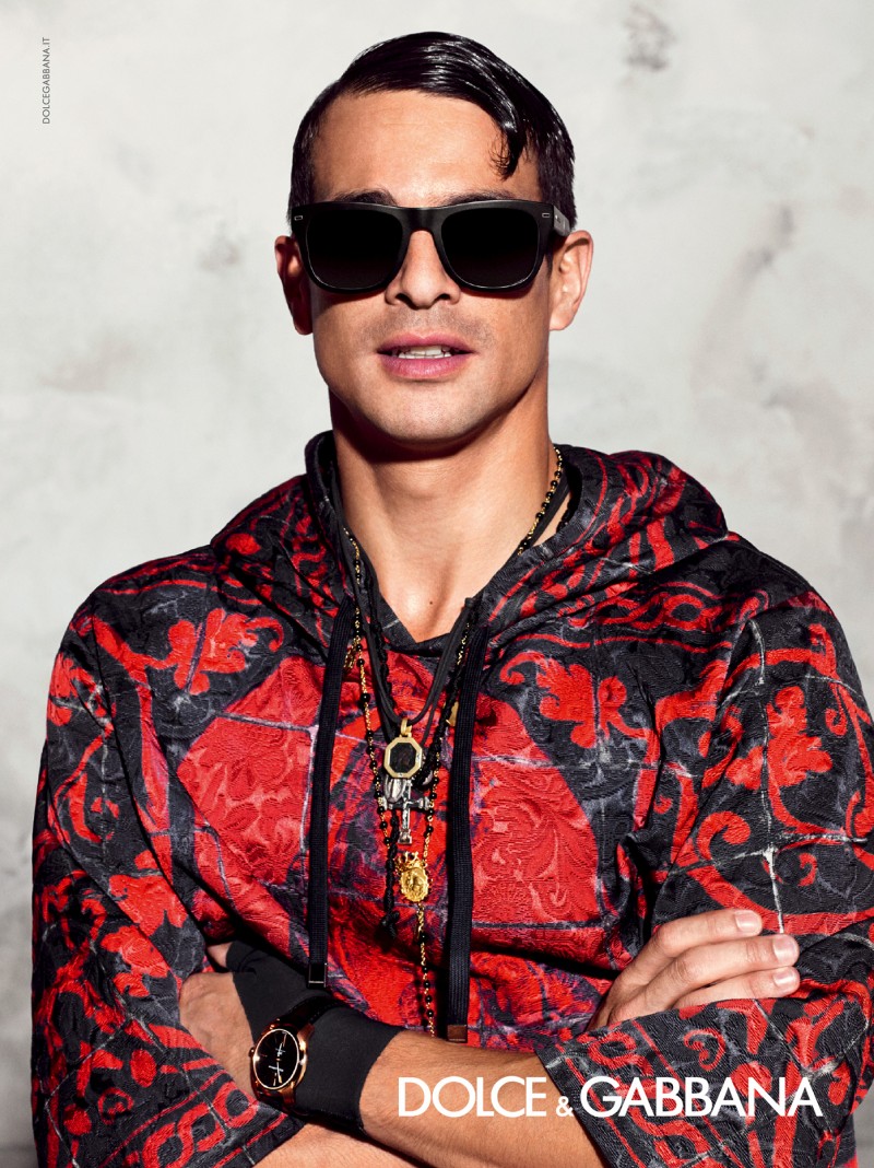 José Maria Manzanares poses in a red and black Dolce & Gabbana hoodie.