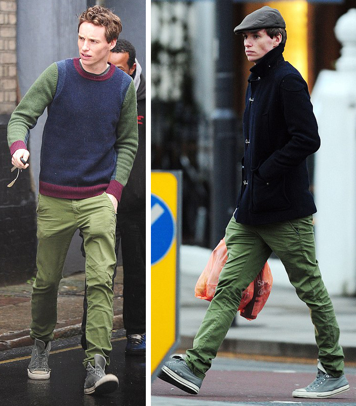 Eddie Redmayne gets multi-wear out of his slim green pants.