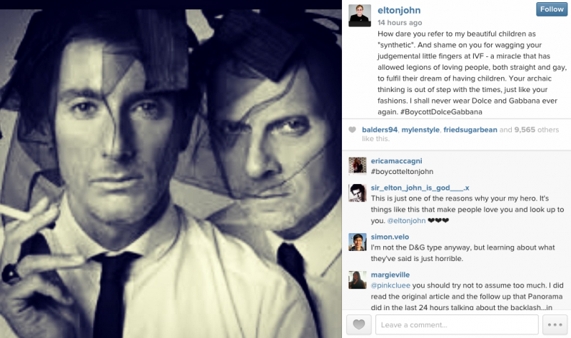 Elton John uses his Instagram to respond to controversial comments Dolce and Gabbana made about "traditional family".