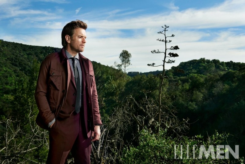 Taking in the sights outdoors, Ewan McGregor sports a burgundy ensemble.