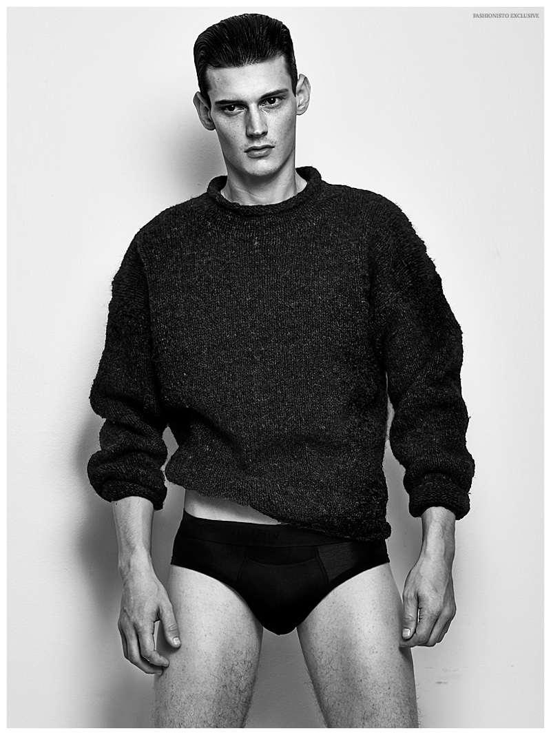 Adam Butcher wears vintage sweater stylist's own and underwear Tommy John.