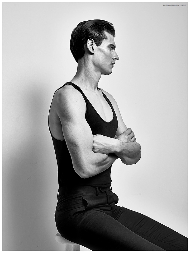 Adam Butcher wears tank Isabel Beneato and pants Maison Martin Margiela.