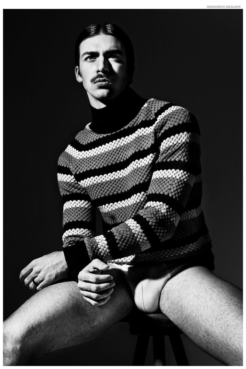 Carlos Sanjuan dons a striped knit sweater with underwear briefs.