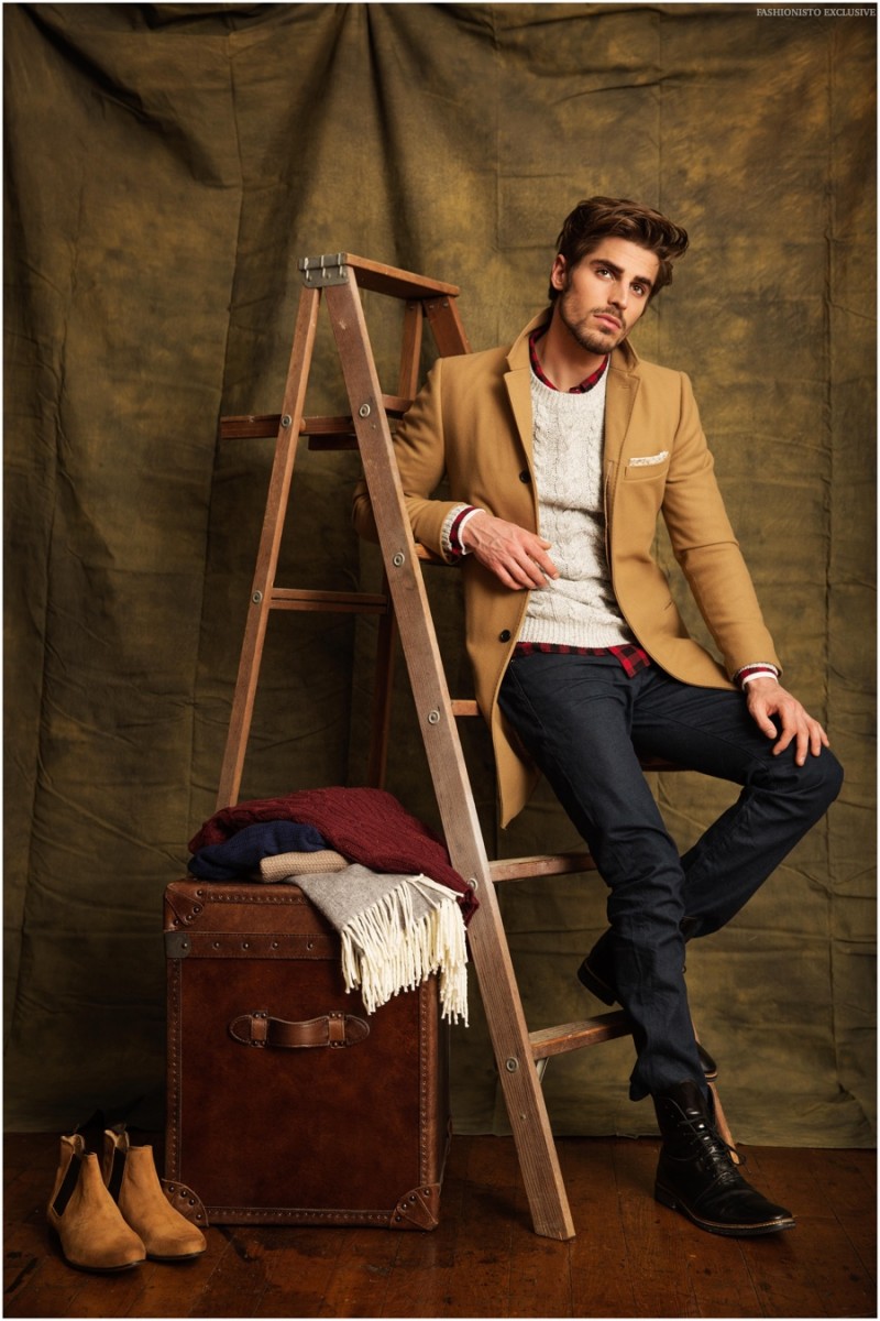 Dean wears coat Club Monaco, sweater Rag & Bone, shirt J.Crew, denim jeans H&M, boots Zara and vintage watch stylist's own.