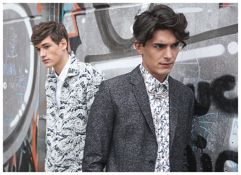 Left to Right: Egor wears jacket Soulland and shirt Tiger of Sweden. Mounier wears shirt SAND, necklace Nina York and blazer Soulland.