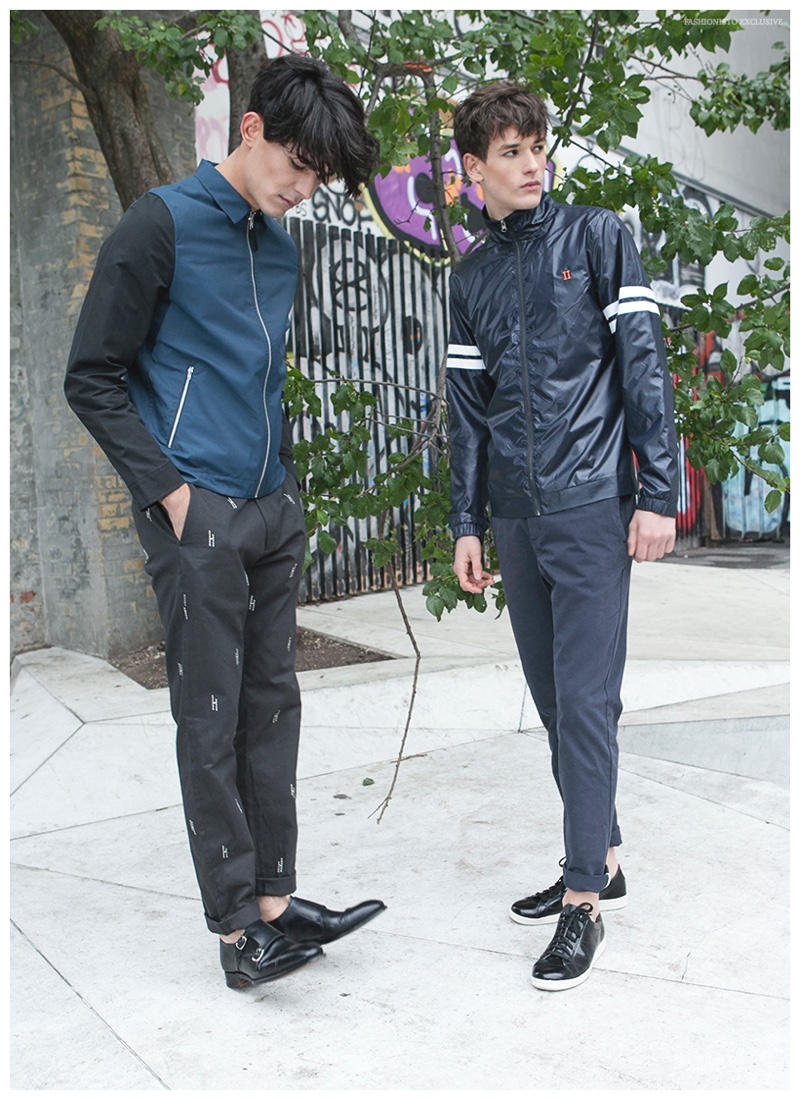 Left to Right: Mounier wears jacket Wood Wood and pants Hope. Egor wears jacket Les Deux and pants Wood Wood.
