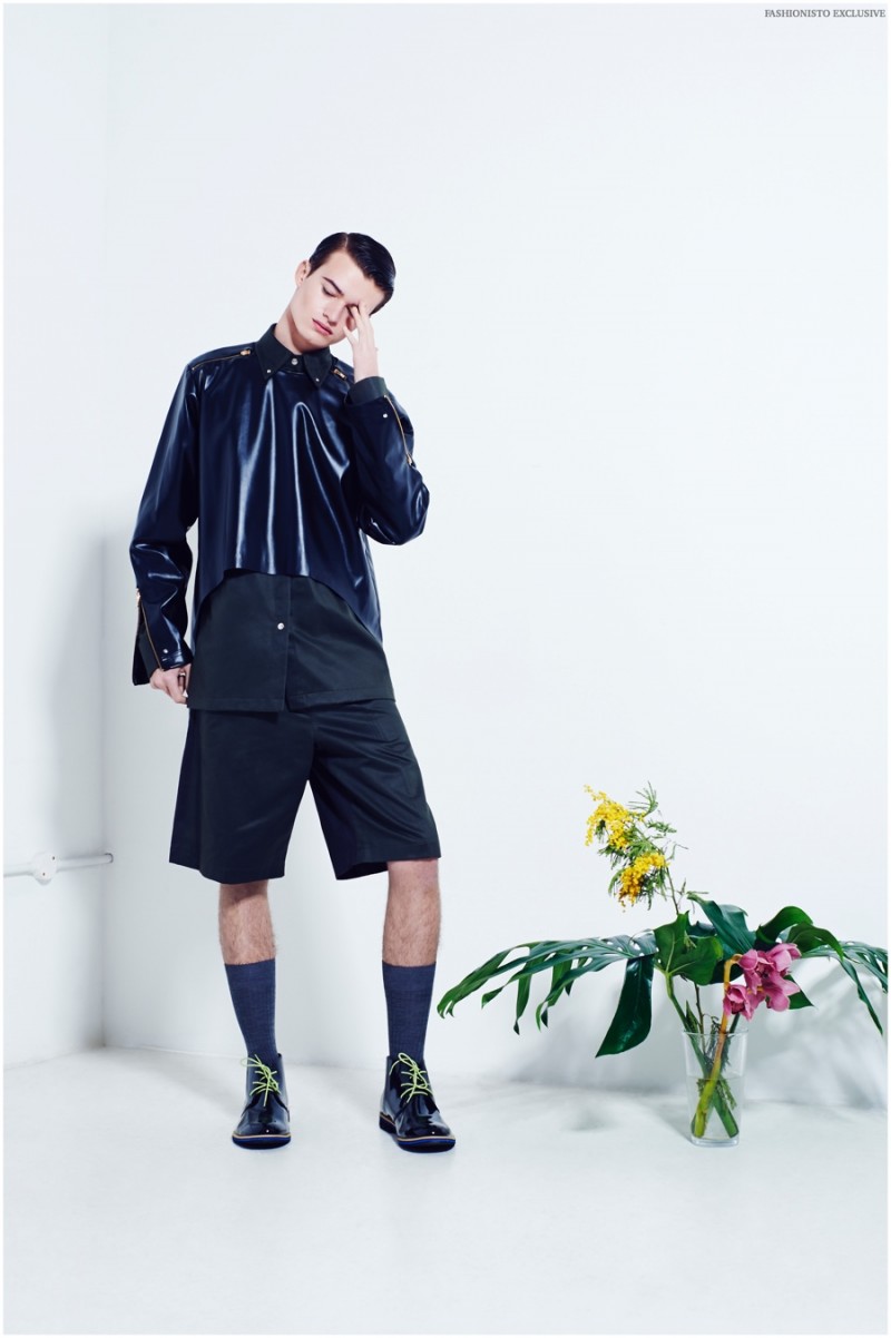 Reece wears socks Pantherella, button-down leather overlay, shorts and shoes Cello Yasei.