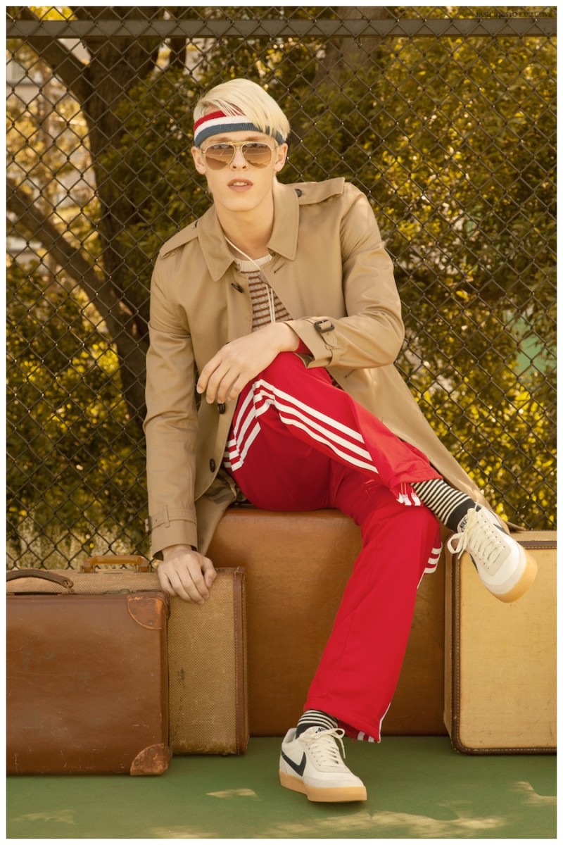 August wears trench Burberry from Bloomingdales SF, vintage sweater stylist's own, pants Adidas, shoes NIKE, sunglasses Gucci from Bloomingdales SF, headband American Apparel and vintage polo tie from Wastelands SF.